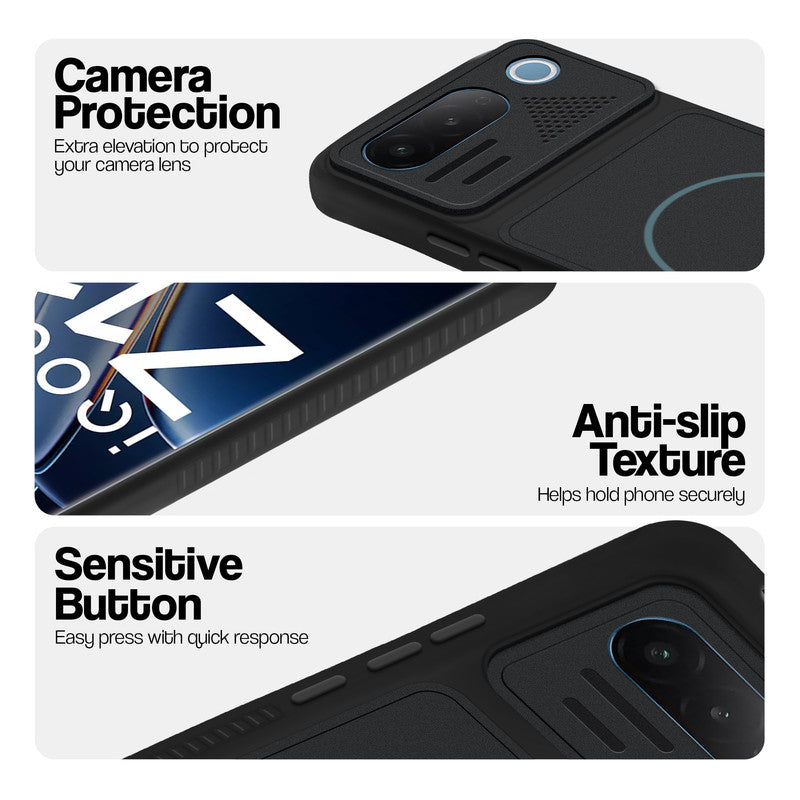 Stone Black - Blue Ring phone case for iQOO Z11 5G showing camera safety edges, anti slip side grip and easy press button covers.