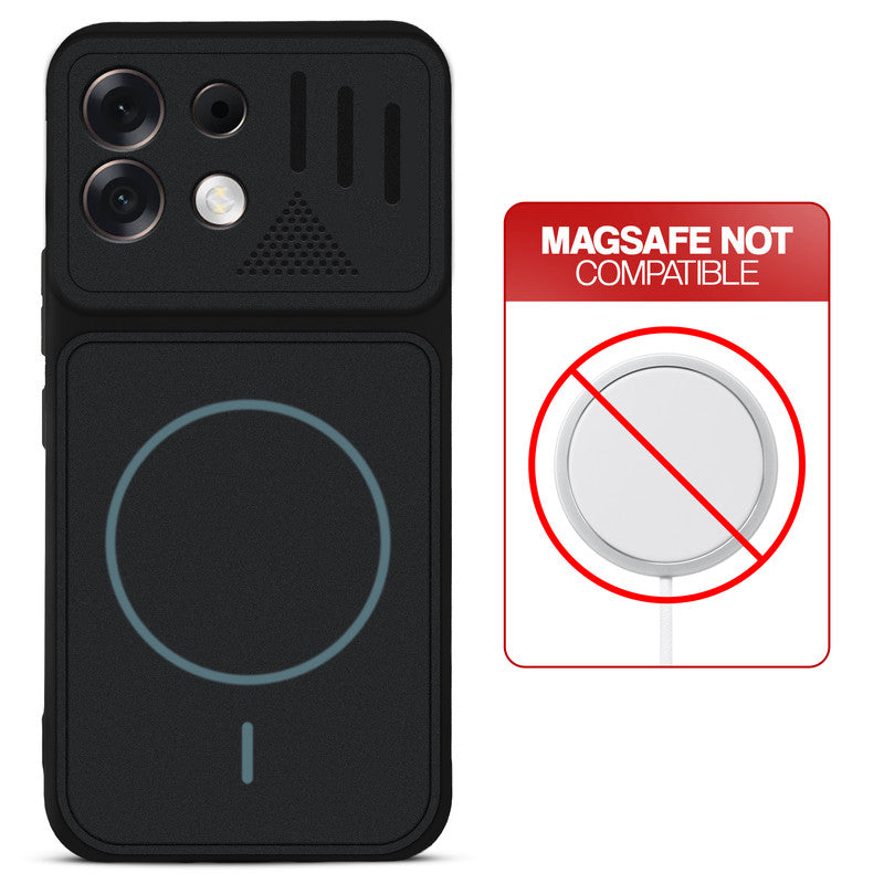 Stone Black - Blue Ring back cover for Oppo F35 Pro 5G with printed ring pattern and message showing not compatible with MagSafe charging.