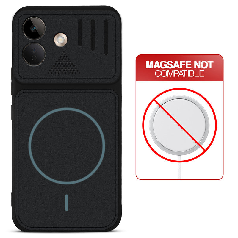 Stone Black - Blue Ring back cover for POCO X8 5G with printed ring pattern and message showing not compatible with MagSafe charging.