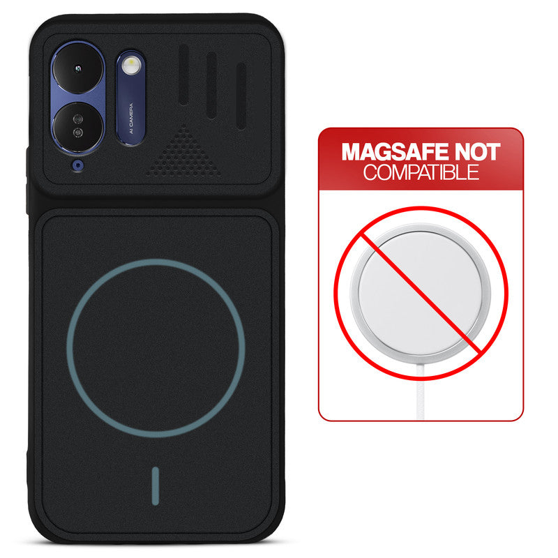 Stone Black - Blue Ring back cover for Poco M8x 5G with printed ring pattern and message showing not compatible with MagSafe charging.