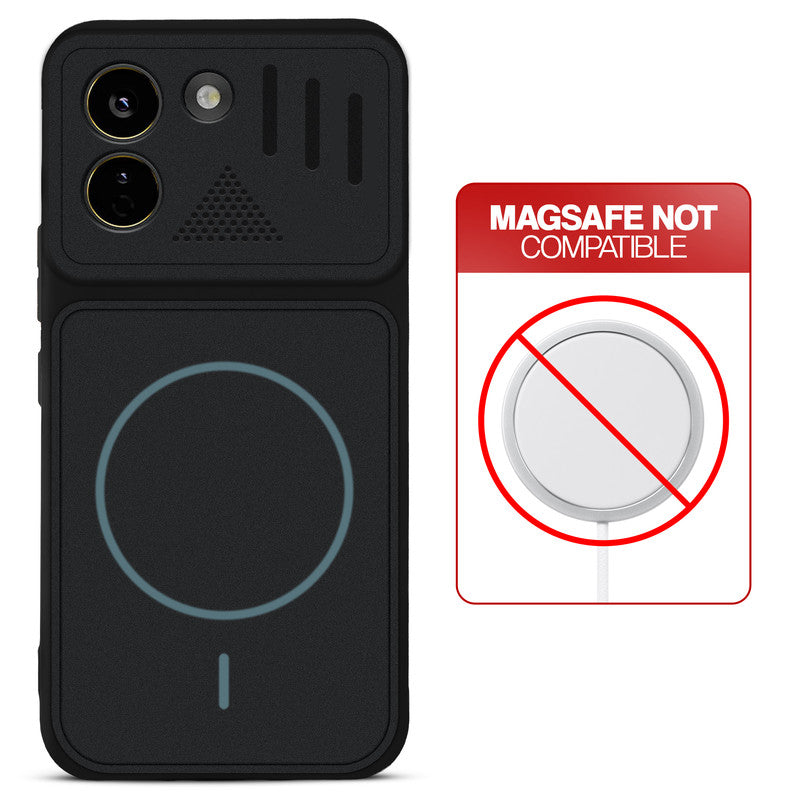 Stone Black - Blue Ring back cover for Poco X8 Power 5G with printed ring pattern and message showing not compatible with MagSafe charging.