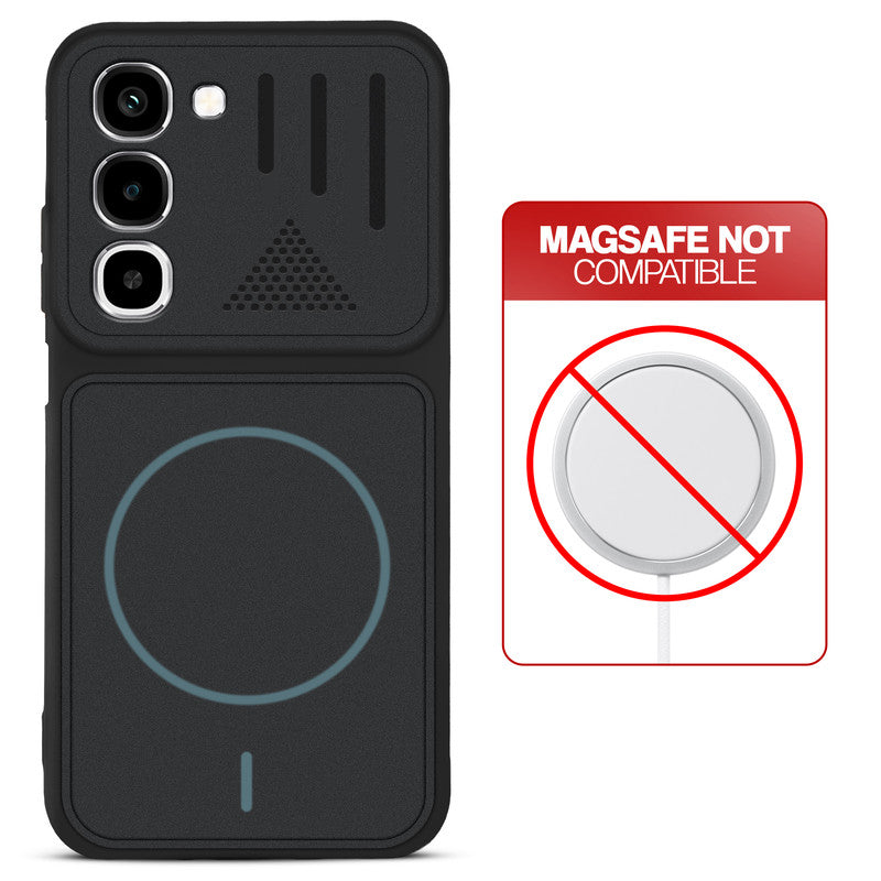 Stone Black - Blue Ring back cover for Realme 16x 5G with printed ring pattern and message showing not compatible with MagSafe charging.