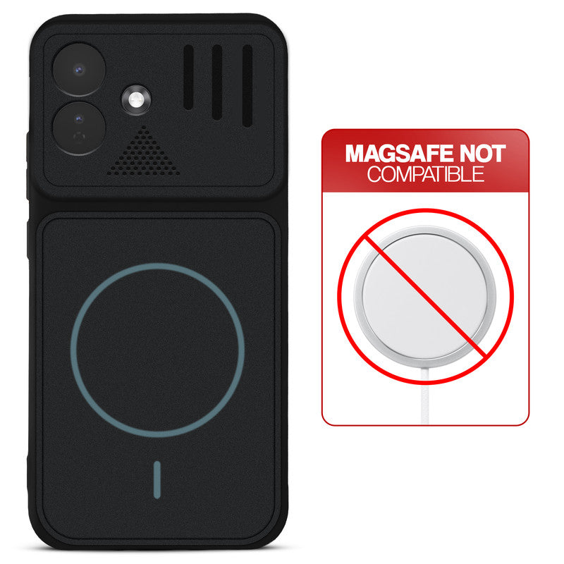 Stone Black - Blue Ring back cover for Redmi Note 17 Pro 5G with printed ring pattern and message showing not compatible with MagSafe charging.