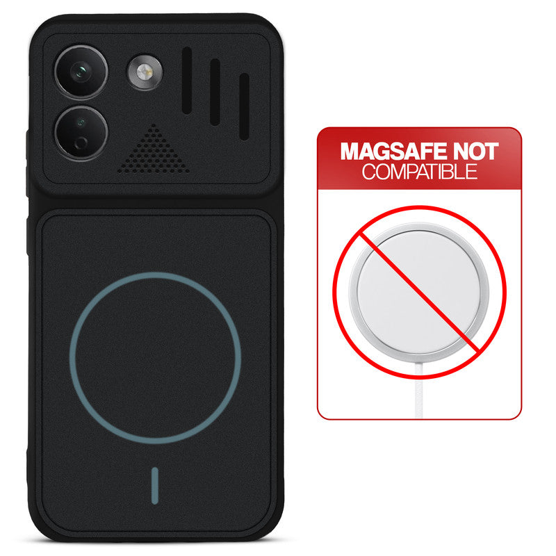 Stone Black - Blue Ring back cover for Redmi Note 17 Pro Max 5G with printed ring pattern and message showing not compatible with MagSafe charging.