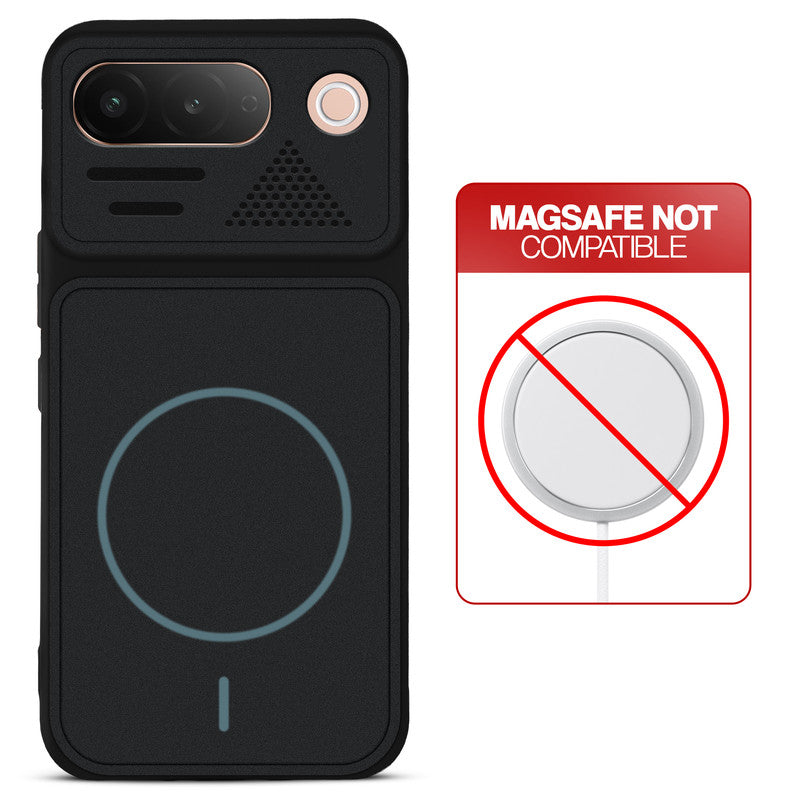 Stone Black - Blue Ring back cover for Vivo T5 5G with printed ring pattern and message showing not compatible with MagSafe charging.