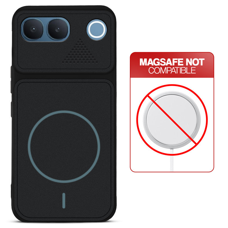 Stone Black - Blue Ring back cover for Vivo V80 Lite 5G with printed ring pattern and message showing not compatible with MagSafe charging.