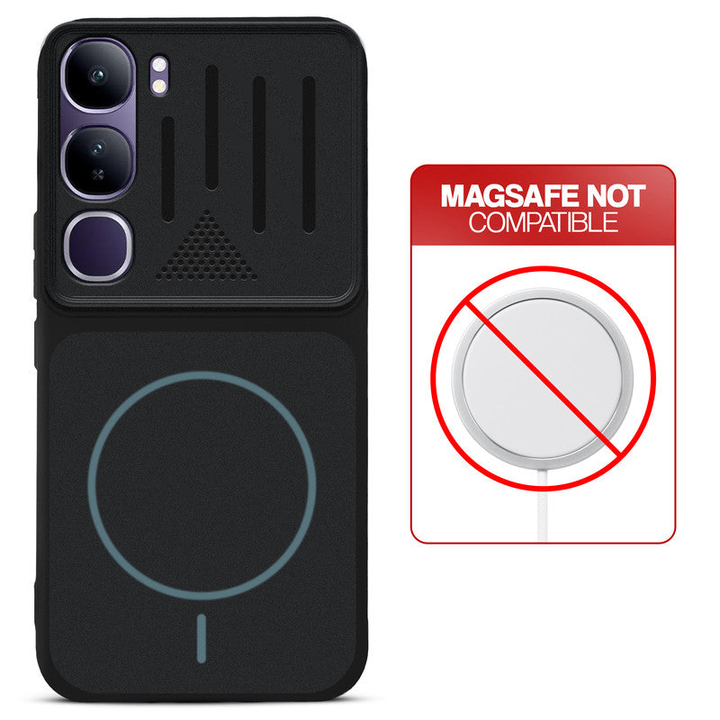 Stone Black - Blue Ring back cover for Vivo Y300 5G with printed ring pattern and message showing not compatible with MagSafe charging.