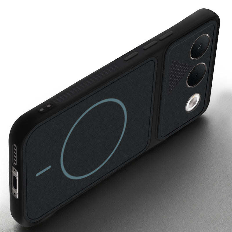 Angled view of Stone Black - Blue Ring mobile case for Oppo F35 5G with proper charging port cutout, speaker holes and strong corner protection.