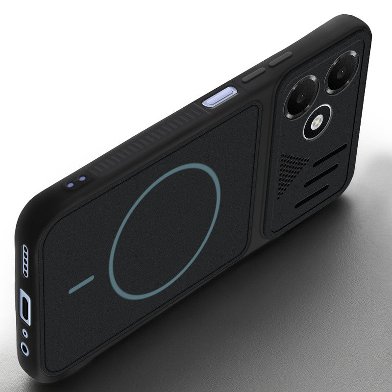 Angled view of Stone Black - Blue Ring mobile case for OPPO K14 Lite 5G with proper charging port cutout, speaker holes and strong corner protection.