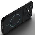 Angled view of Stone Black - Blue Ring mobile case for POCO X8 5G with proper charging port cutout, speaker holes and strong corner protection.
