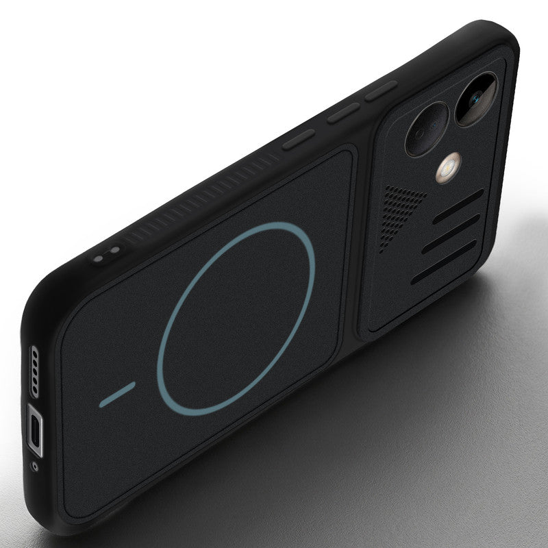 Angled view of Stone Black - Blue Ring mobile case for POCO X8 5G with proper charging port cutout, speaker holes and strong corner protection.