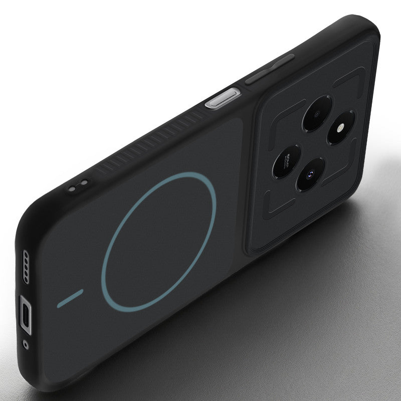 Angled view of Stone Black - Blue Ring mobile case for Poco C75 5G with proper charging port cutout, speaker holes and strong corner protection.