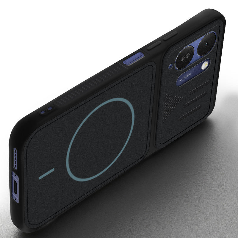 Angled view of Stone Black - Blue Ring mobile case for Poco M8x 5G with proper charging port cutout, speaker holes and strong corner protection.