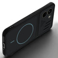 Angled view of Stone Black - Blue Ring mobile case for Poco X8 Power 5G with proper charging port cutout, speaker holes and strong corner protection.