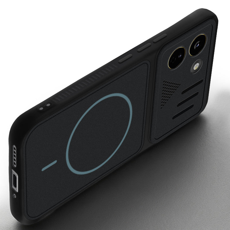 Angled view of Stone Black - Blue Ring mobile case for Poco X8 Power 5G with proper charging port cutout, speaker holes and strong corner protection.