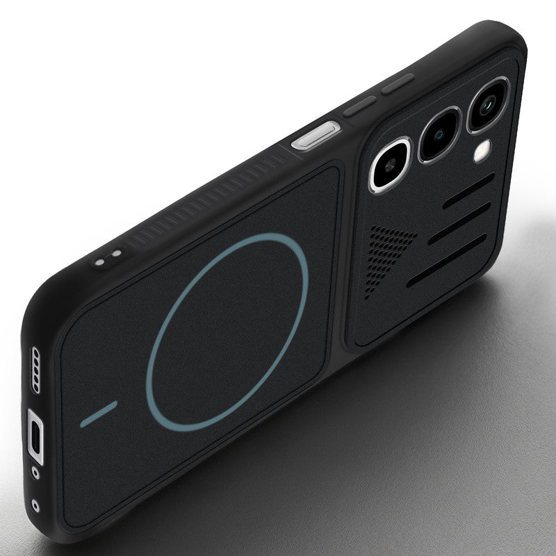 Angled view of Stone Black - Blue Ring mobile case for Realme 16x 5G with proper charging port cutout, speaker holes and strong corner protection.