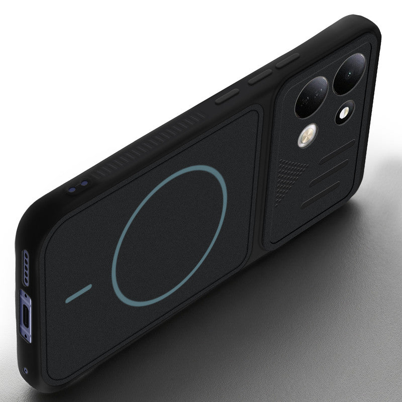 Angled view of Stone Black - Blue Ring mobile case for Redmi 17 5G with proper charging port cutout, speaker holes and strong corner protection.