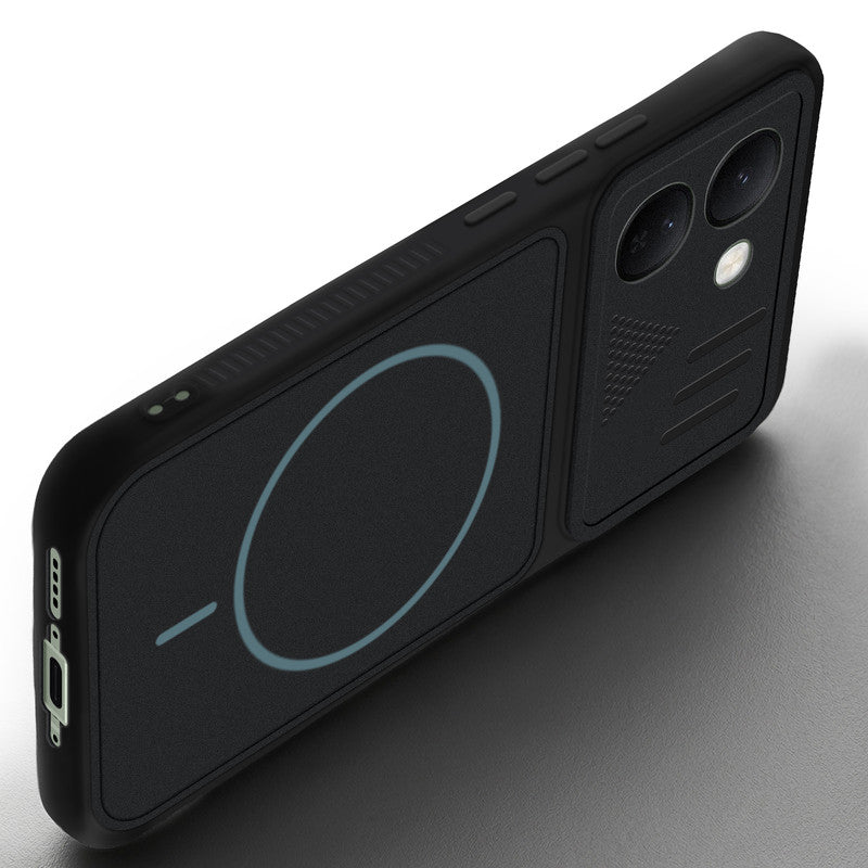 Angled view of Stone Black - Blue Ring mobile case for Vivo S2 FE 5G with proper charging port cutout, speaker holes and strong corner protection.
