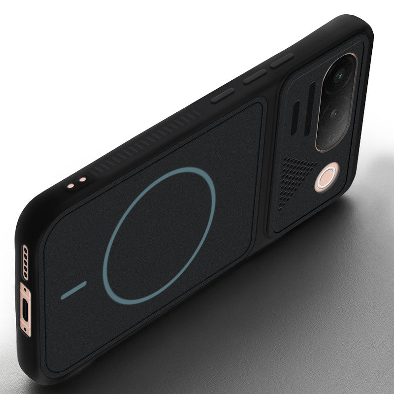 Angled view of Stone Black - Blue Ring mobile case for Vivo T5 5G with proper charging port cutout, speaker holes and strong corner protection.