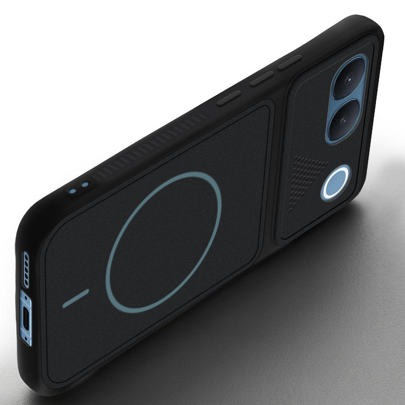 Angled view of Stone Black - Blue Ring mobile case for Vivo V80 Lite 5G with proper charging port cutout, speaker holes and strong corner protection.