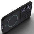 Angled view of Stone Black - Blue Ring mobile case for Vivo Y300 5G with proper charging port cutout, speaker holes and strong corner protection.