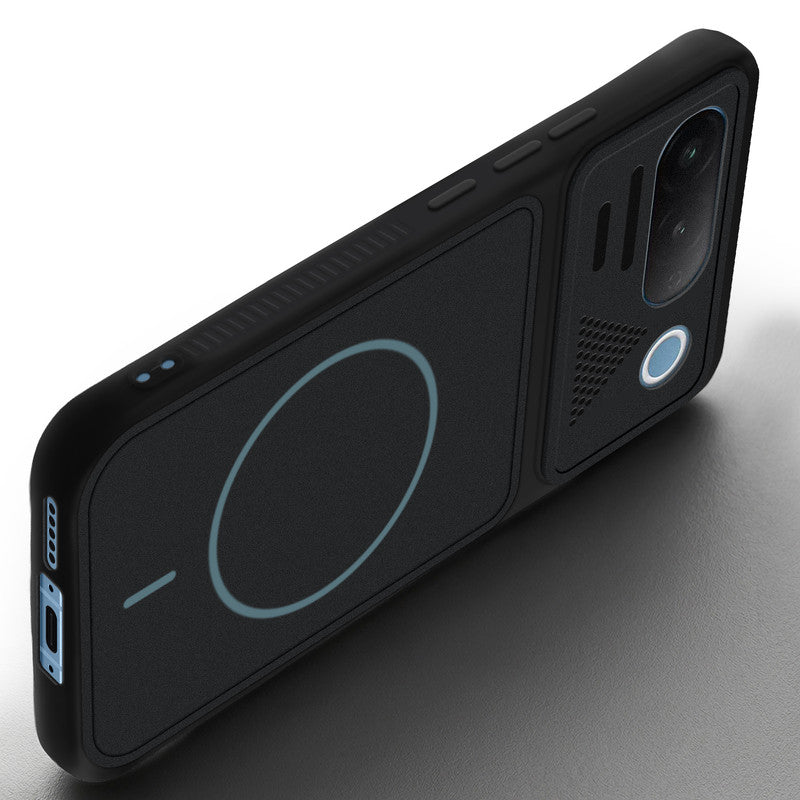 Angled view of Stone Black - Blue Ring mobile case for iQOO Z11 5G with proper charging port cutout, speaker holes and strong corner protection.