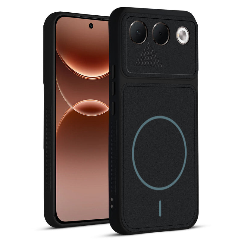Front and back view of Stone Black - Blue Ring protective back cover for Oppo F35 5G with textured sides, camera guard and slim fit design.