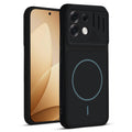 Front and back view of Stone Black - Blue Ring protective back cover for Oppo F35 Pro 5G with textured sides, camera guard and slim fit design.