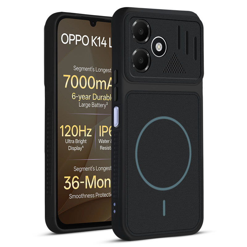 Front and back view of Stone Black - Blue Ring protective back cover for OPPO K14 Lite 5G with textured sides, camera guard and slim fit design.