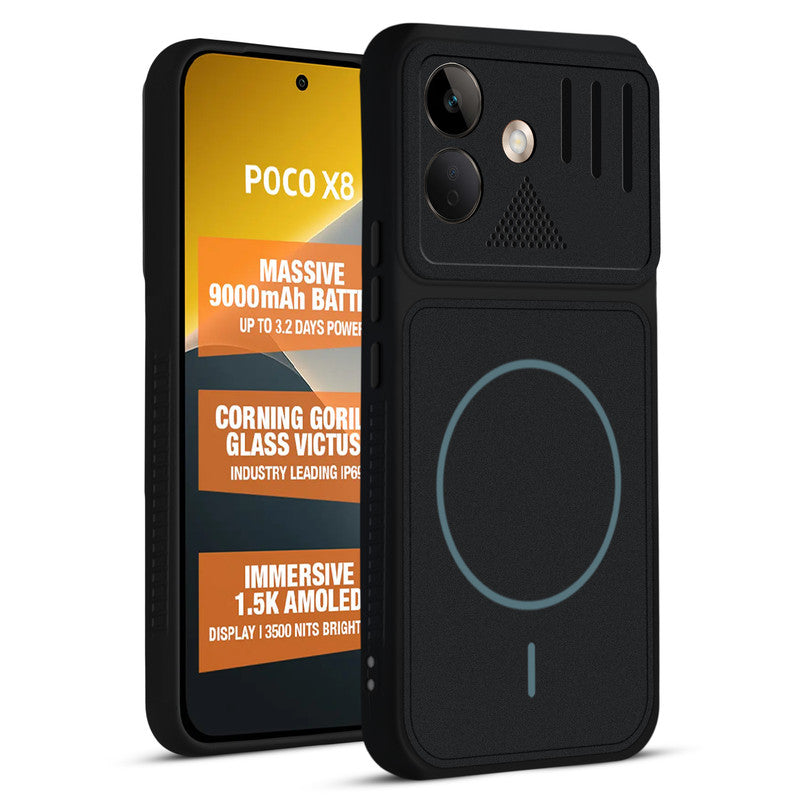 Front and back view of Stone Black - Blue Ring protective back cover for POCO X8 5G with textured sides, camera guard and slim fit design.