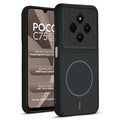 Front and back view of Stone Black - Blue Ring protective back cover for Poco C75 5G with textured sides, camera guard and slim fit design.