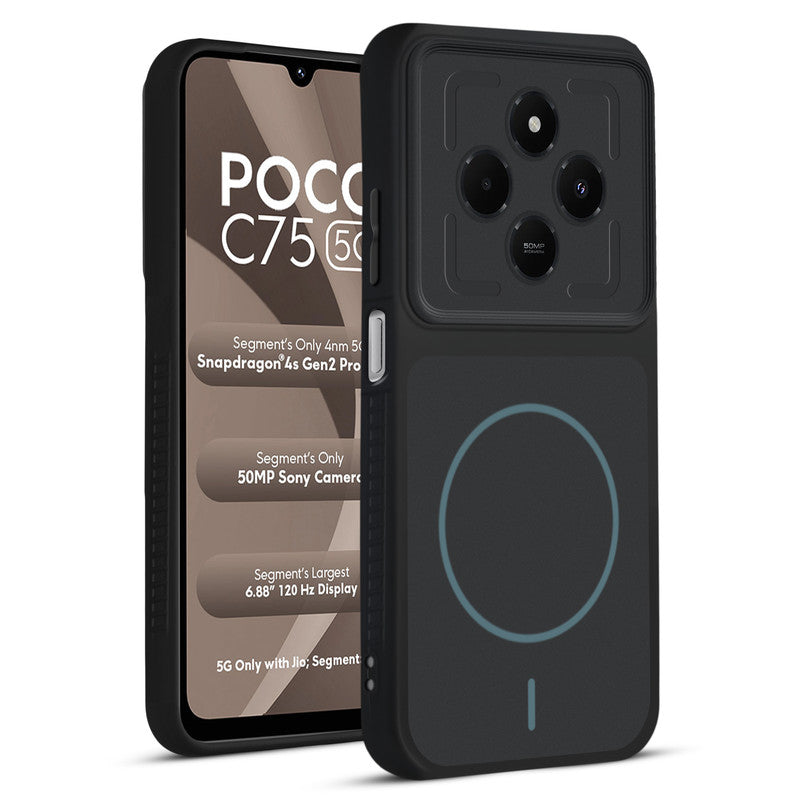 Front and back view of Stone Black - Blue Ring protective back cover for Poco C75 5G with textured sides, camera guard and slim fit design.