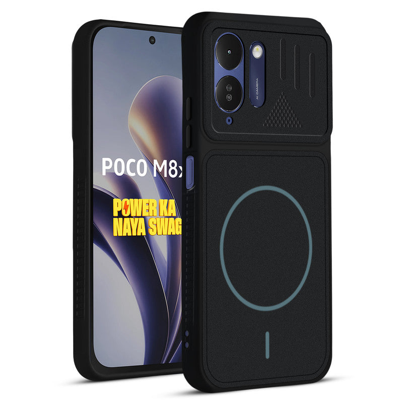 Front and back view of Stone Black - Blue Ring protective back cover for Poco M8x 5G with textured sides, camera guard and slim fit design.