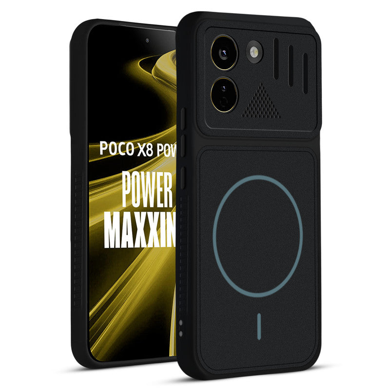 Front and back view of Stone Black - Blue Ring protective back cover for Poco X8 Power 5G with textured sides, camera guard and slim fit design.