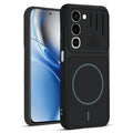 Front and back view of Stone Black - Blue Ring protective back cover for Realme 16x 5G with textured sides, camera guard and slim fit design.