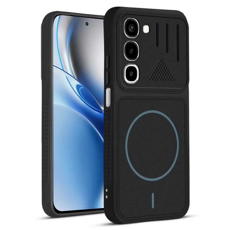 Front and back view of Stone Black - Blue Ring protective back cover for Realme 16x 5G with textured sides, camera guard and slim fit design.