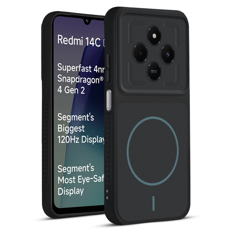 Front and back view of Stone Black - Blue Ring protective back cover for Redmi 14C 5G with textured sides, camera guard and slim fit design.