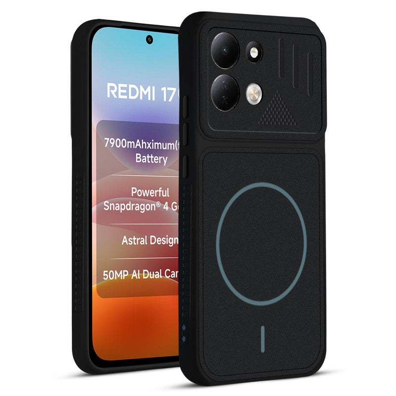 Front and back view of Stone Black - Blue Ring protective back cover for Redmi 17 5G with textured sides, camera guard and slim fit design.