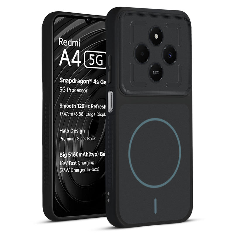 Front and back view of Stone Black - Blue Ring protective back cover for Redmi A4 5G with textured sides, camera guard and slim fit design.