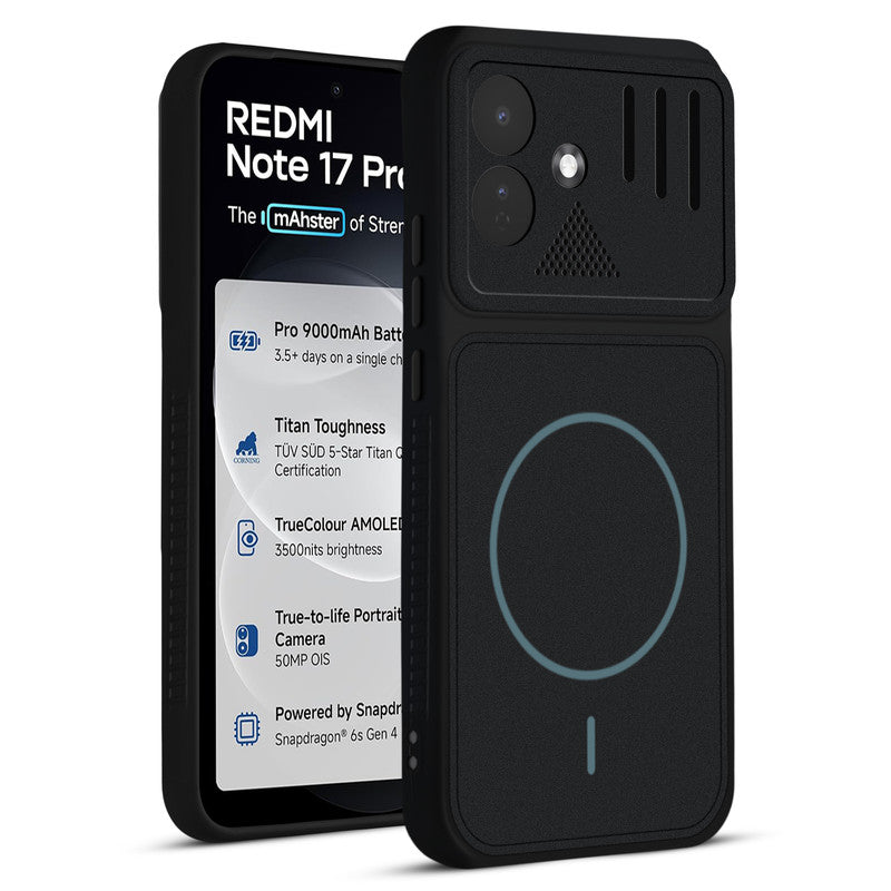 Front and back view of Stone Black - Blue Ring protective back cover for Redmi Note 17 Pro 5G with textured sides, camera guard and slim fit design.