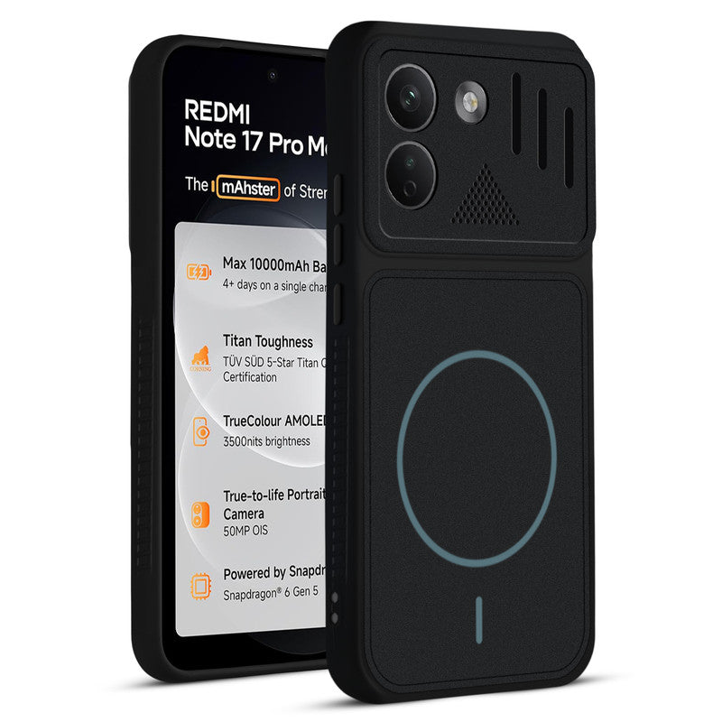 Front and back view of Stone Black - Blue Ring protective back cover for Redmi Note 17 Pro Max 5G with textured sides, camera guard and slim fit design.