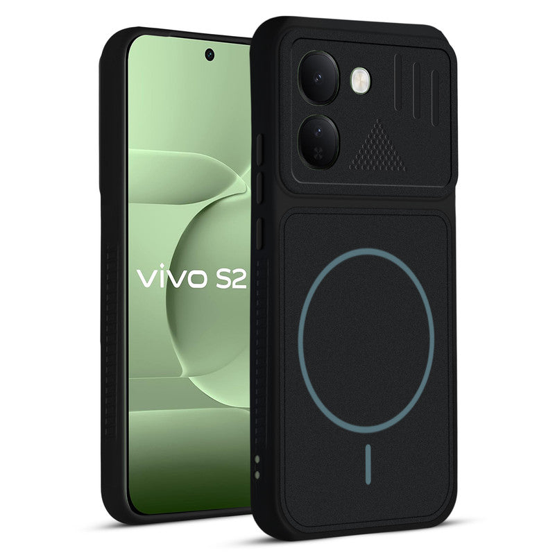 Front and back view of Stone Black - Blue Ring protective back cover for Vivo S2 FE 5G with textured sides, camera guard and slim fit design.