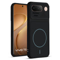 Front and back view of Stone Black - Blue Ring protective back cover for Vivo T5 5G with textured sides, camera guard and slim fit design.