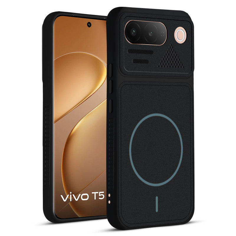 Front and back view of Stone Black - Blue Ring protective back cover for Vivo T5 5G with textured sides, camera guard and slim fit design.