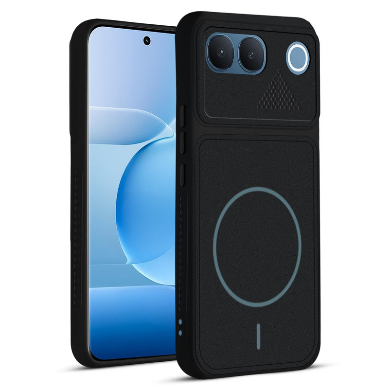 Front and back view of Stone Black - Blue Ring protective back cover for Vivo V80 Lite 5G with textured sides, camera guard and slim fit design.