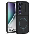 Front and back view of Stone Black - Blue Ring protective back cover for Vivo Y300 5G with textured sides, camera guard and slim fit design.