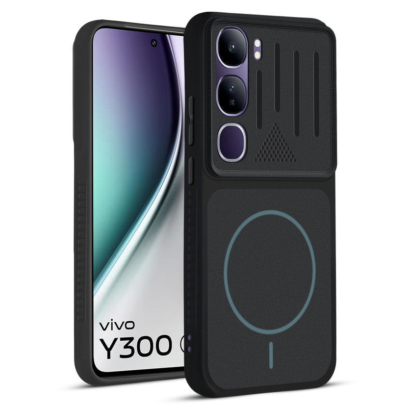 Front and back view of Stone Black - Blue Ring protective back cover for Vivo Y300 5G with textured sides, camera guard and slim fit design.