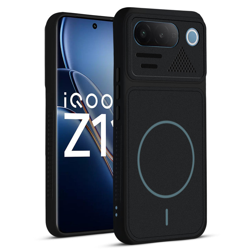 Front and back view of Stone Black - Blue Ring protective back cover for iQOO Z11 5G with textured sides, camera guard and slim fit design.