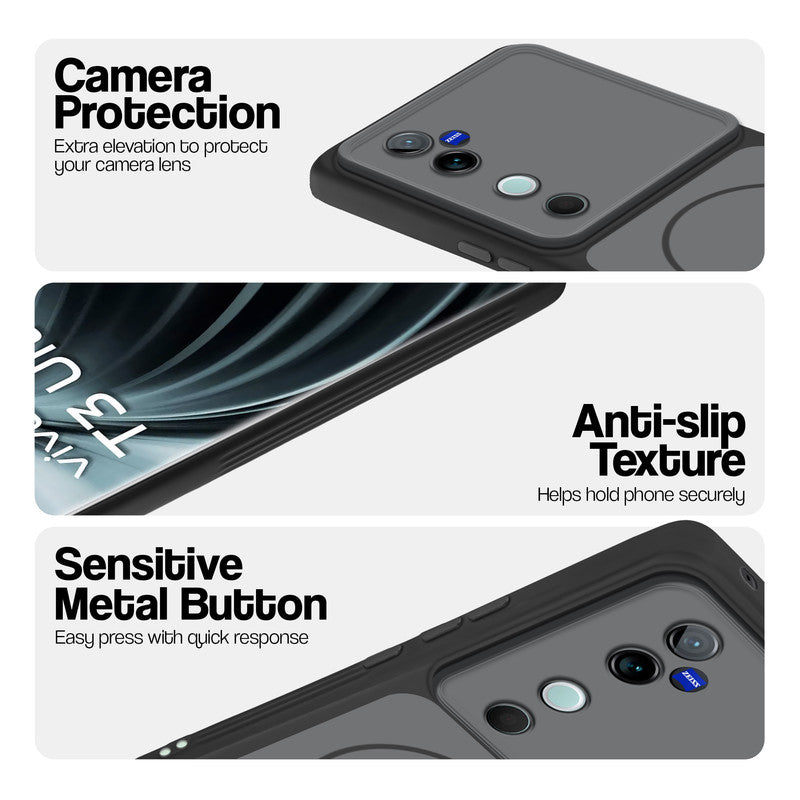 Black Phone case for Vivo T3 Ultra 5G highlighting raised camera protection, anti-slip texture, and responsive side buttons