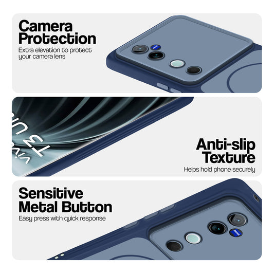 Blue Phone case for Vivo T3 Ultra 5G highlighting raised camera protection, anti-slip texture, and responsive side buttons